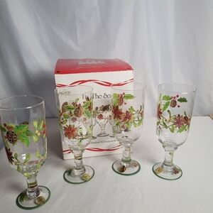 Block Crystal Xmas Hand Painted Tis The Season Holly Poinsettia Beverage Goblets